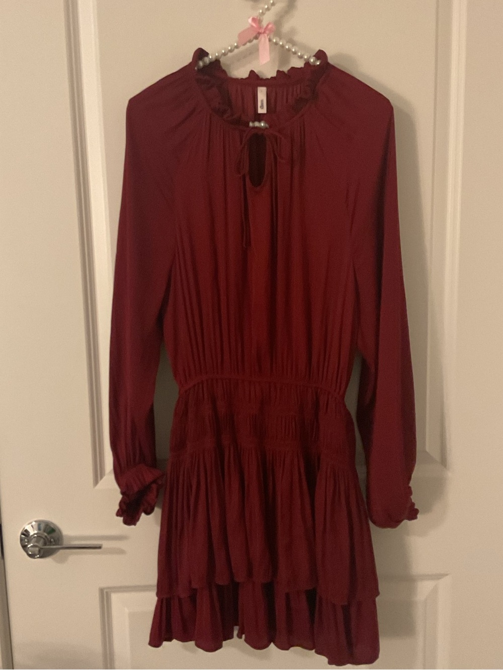 GLAM Gabbie Long Sleeve Tiered Mini Dress Burgundy Maroon Boho